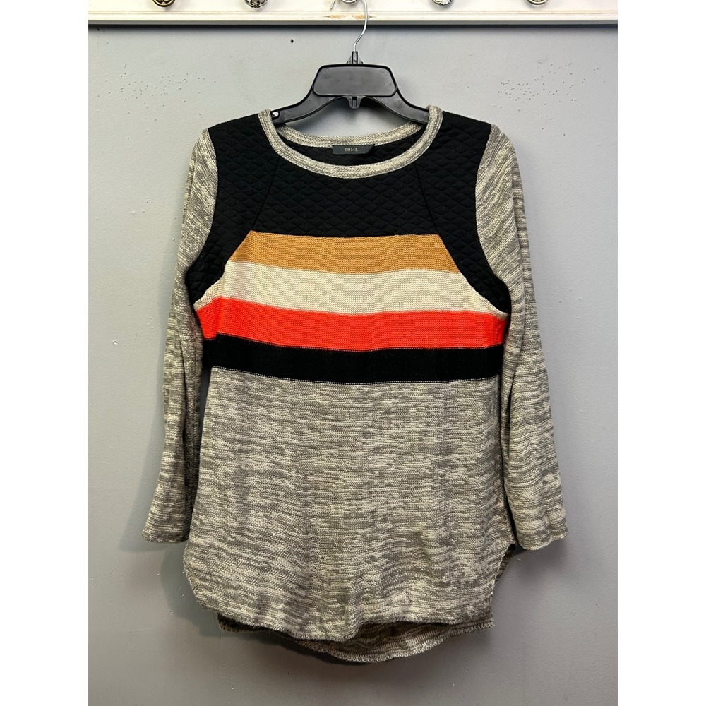 THML Sweater Womens Small Gray Orange Black Striped Quilted Mixed Media
